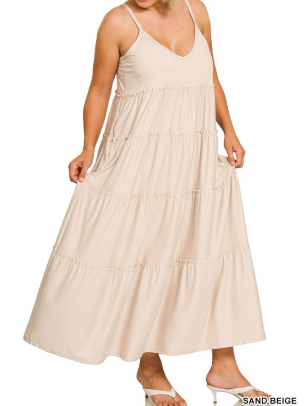 Zenana Outfitters Sand Beige Tiered Spaghetti-Strap Maxi Dress